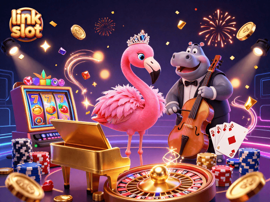 Permainan link slot dengan karakter flamingo dan hippo di kasino, menciptakan suasana pesta judi.