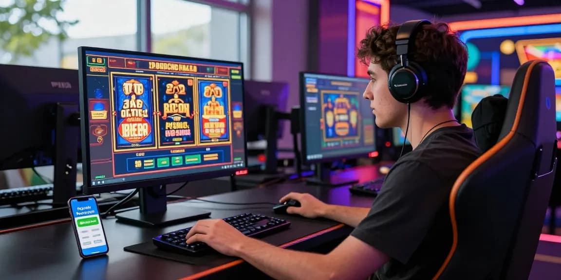 Engagierter Spieler, der Paysafe Card Casino in einem lebhaften Online-Gaming-Setup mit Smartphone-App nutzt.