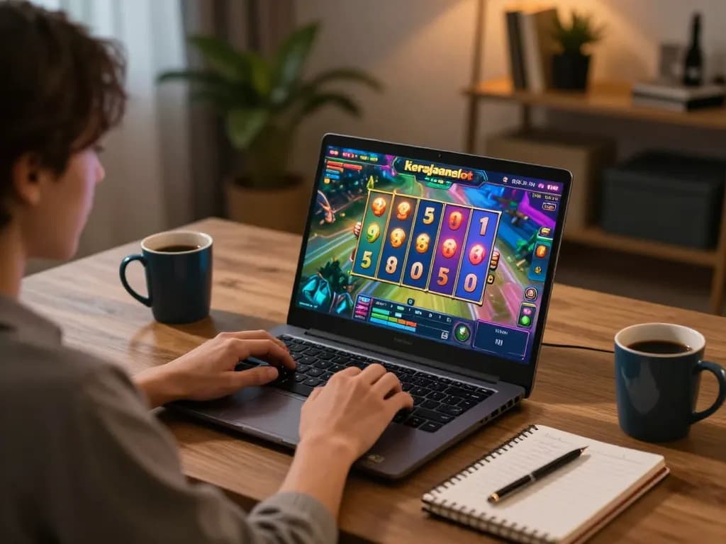 Engaging session of kerajaanslot online gaming with player enjoying colorful reels at a modern desk.