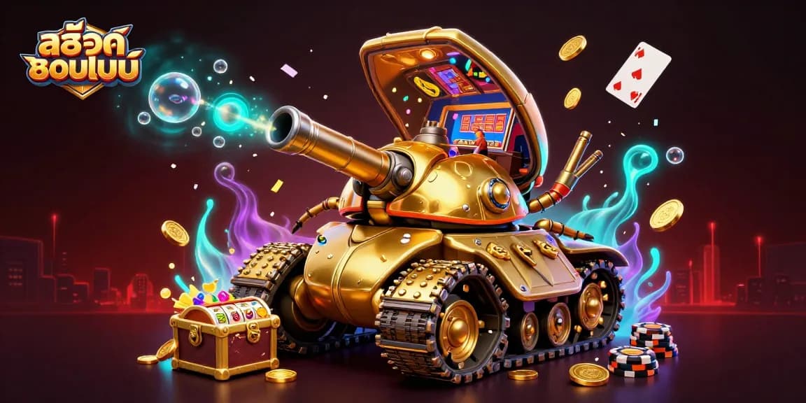 Experience the thrill of สล็อตออนไลน์ with a vibrant 3D illustration showcasing a golden beetle tank casino bursting with excitement.