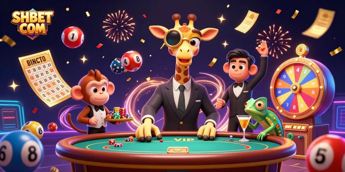 Experience the excitement of SHBET COM with a vibrant illustration of a high-roller scene in a casino.
