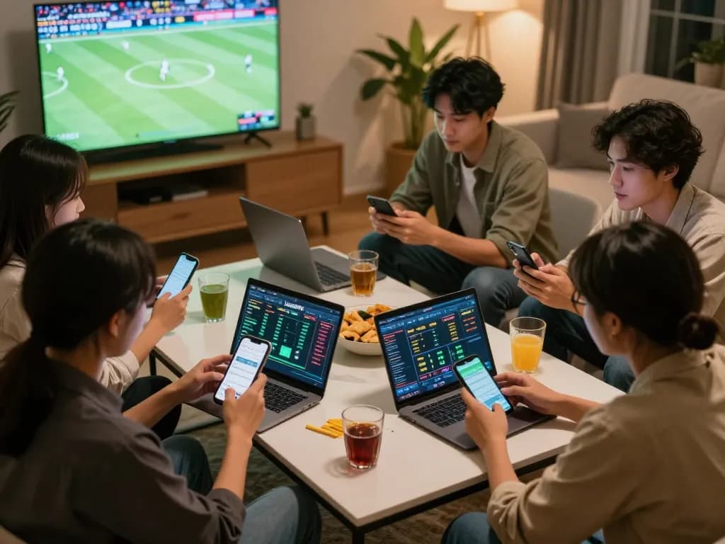 Engaging sports betting night with friends using Luongsontv, analyzing game stats.
