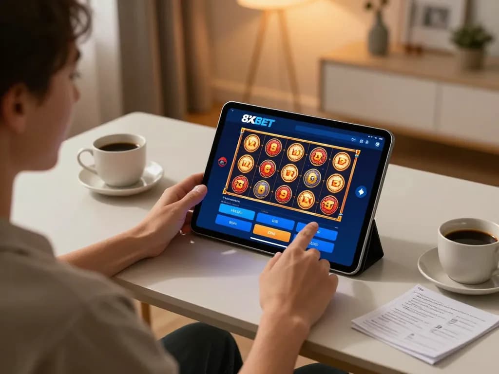 Engaging gameplay at nhà cái 8xbet shows player using tablet for online slots.