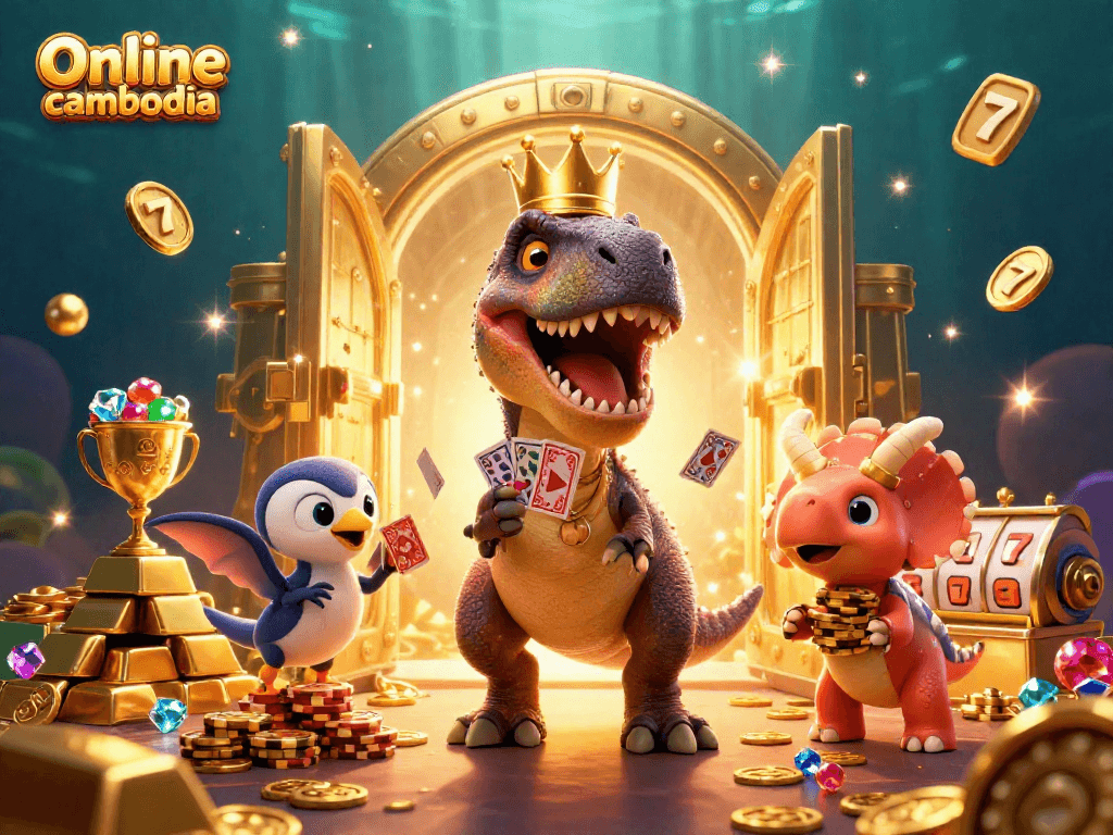 Experience thrilling action at Online casino cambodia with friendly dinosaurs shuffling cards and stacking chips.