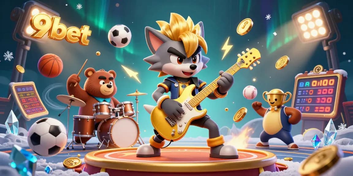 9bet casino scene showcasing a rock star wolf performing with sports elements enhancing the vibrant atmosphere.