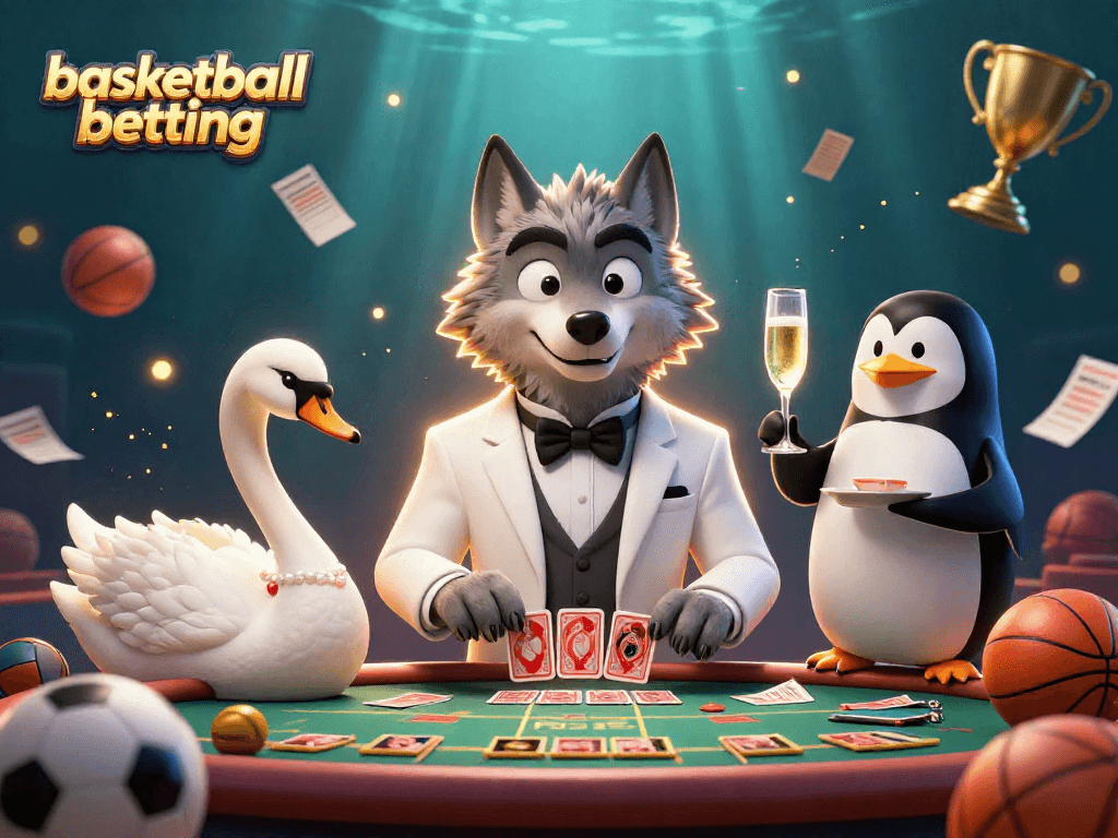 Basketball betting scene featuring a debonair wolf, elegant swan dealing, and penguin presenting champagne.