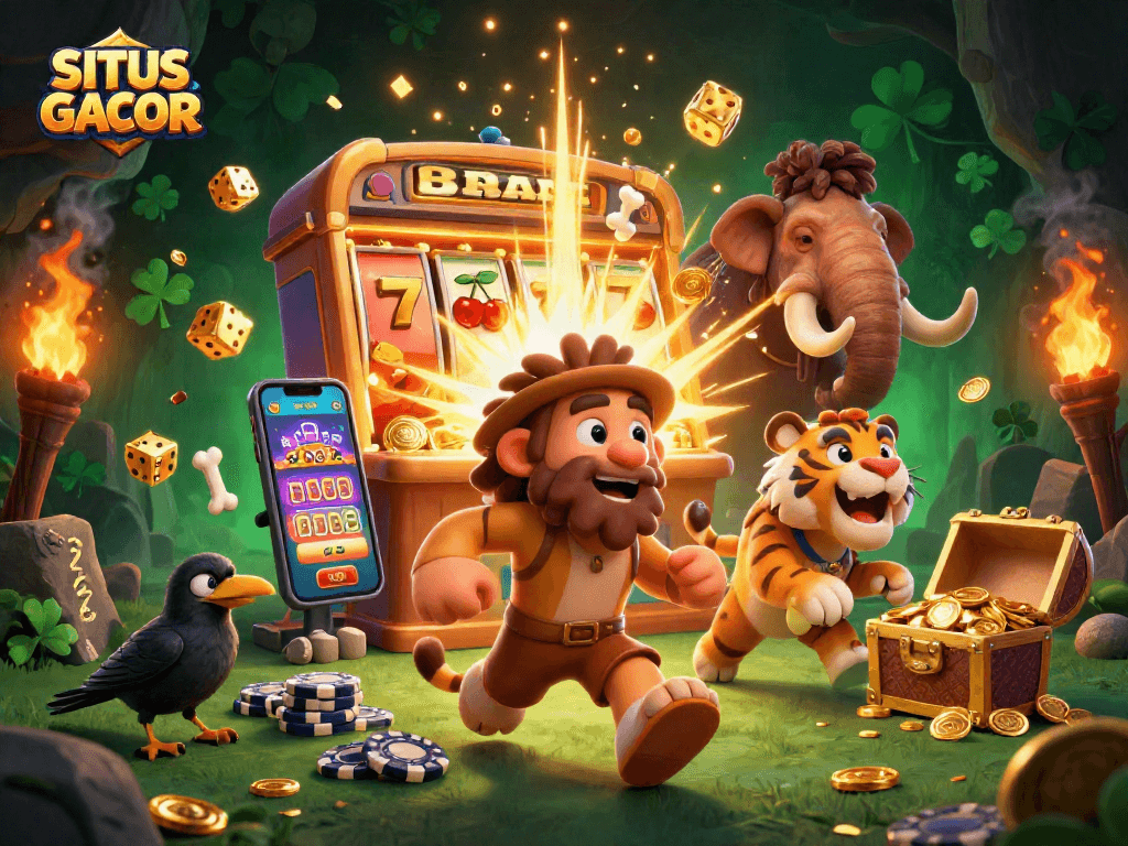 SITUS GACOR illustrates a dynamic scene with colorful slot machines and animated casino elements.