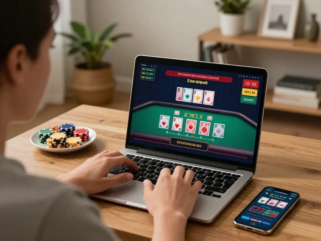 Person enjoying immersive online gameplay on 68gamebaivn, showcasing live dealer blackjack and strategic betting.