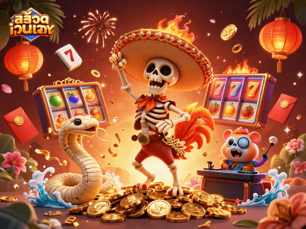 Engage in thrilling play at สล็อตเว็บตรง with vibrant characters celebrating on golden coins and slot machines.
