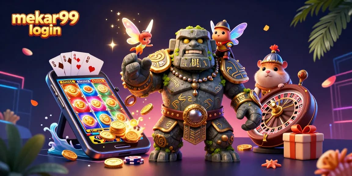 Experience the excitement of mekar99 login with ancient golem, fairy, and hamster knight in this vibrant casino illustration.