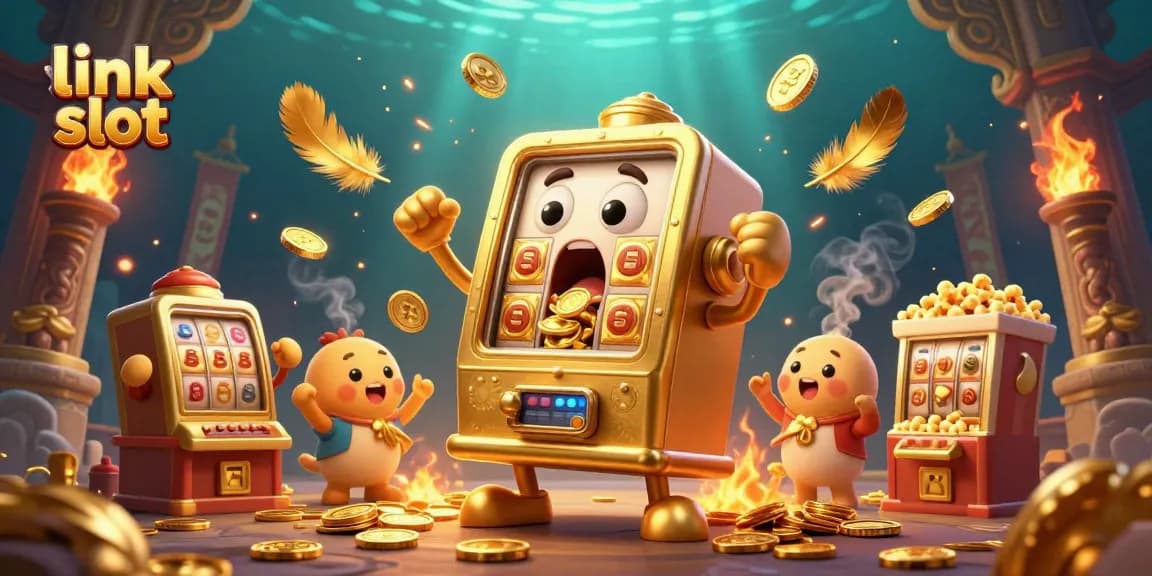 Win big with the link slot as a golden slot machine hits the jackpot amidst cheering companions and vibrant coins.
