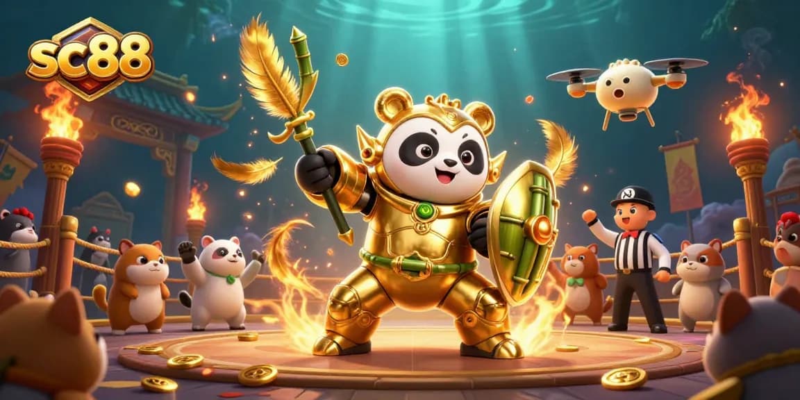 Sc88 showcases an exciting mech-suit panda duel, enveloped in fiery casino action.