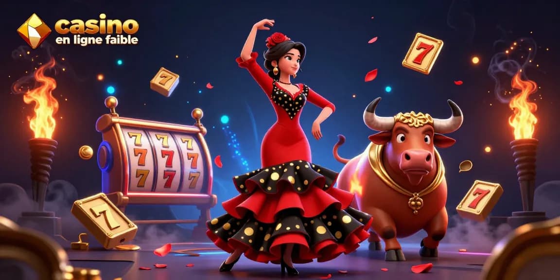 Découvrez des jeux passionnants dans un casino en ligne fiable avec une illustration dynamique d'une danseuse de flamenco et d'un taureau.