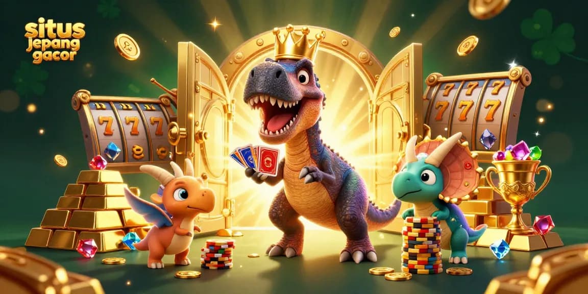 Experience the thrill of situs jepang gacor with playful dinosaur characters amid dazzling casino elements.