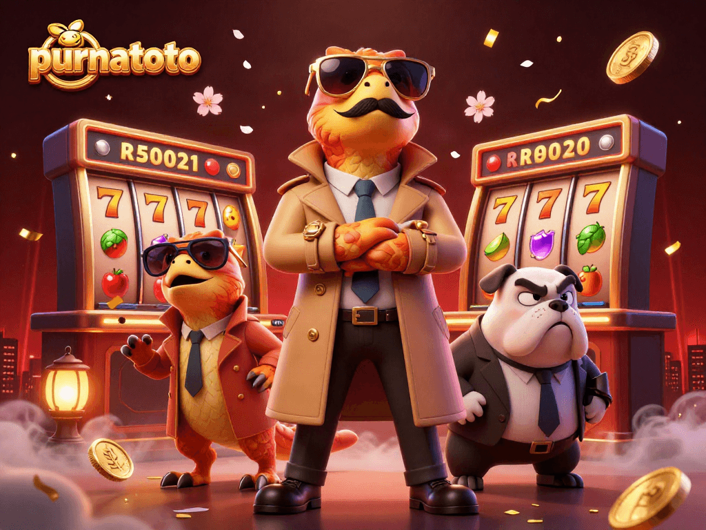 Rasakan keseruan bermain purnatoto dengan tiga raptor dalam sebuah trench coat memasuki kasino dengan simbol slot yang memikat.