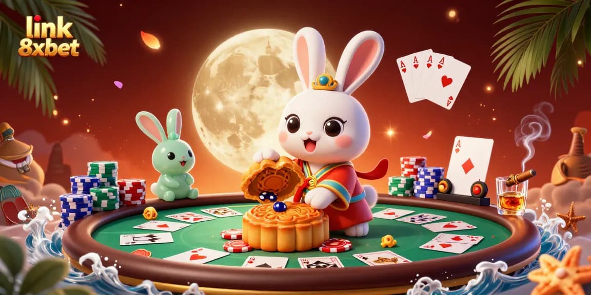 Win big with link 8xbet in this vibrant 3D casino scene featuring poker elements.