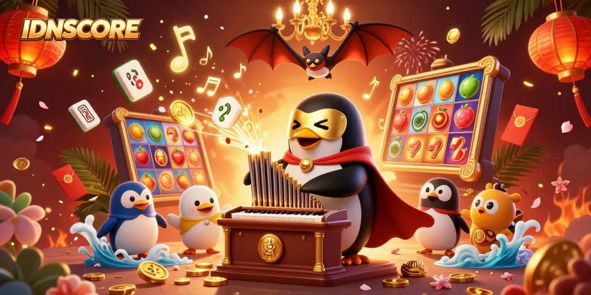 IDNSCORE offers vibrant slots action with a penguin playing an organ shooting coins.