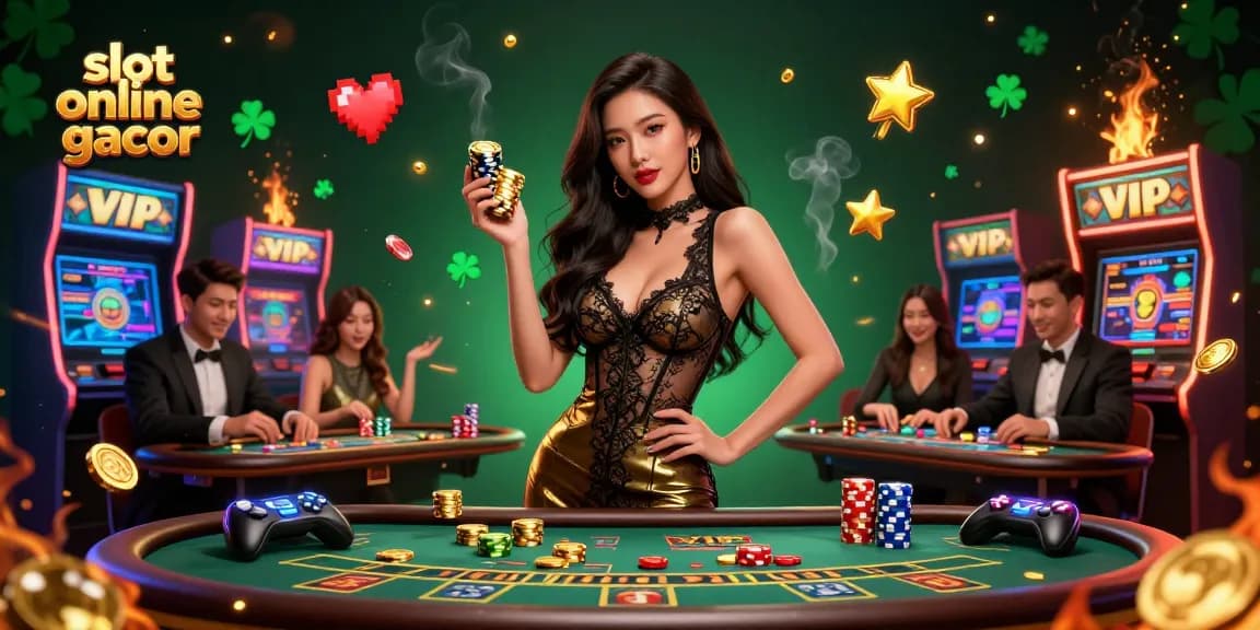 Experience the excitement of slot online gacor with a glamorous Asian woman at a VIP baccarat table, showcasing vibrant casino elements.