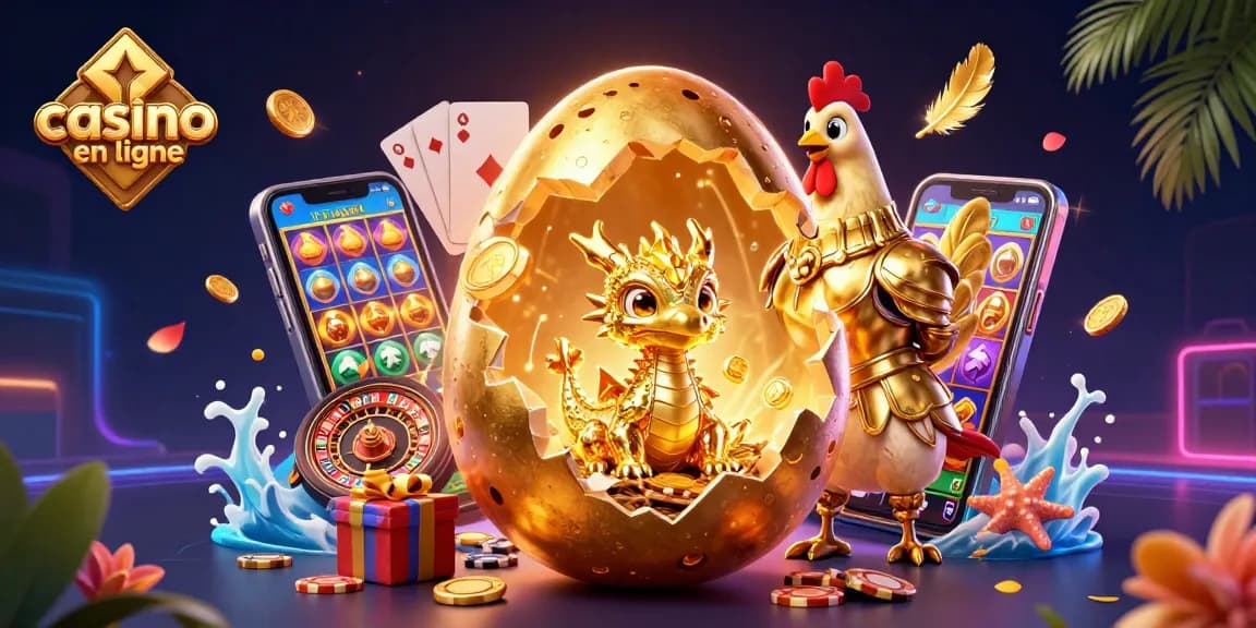 Pariez sur le casino en ligne avec ce dragon doré et ses jetons de poker en arrière-plan.