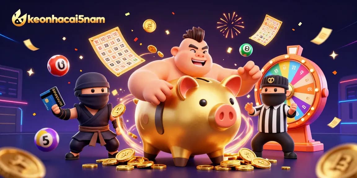 Engage with keonhacai5nam as a cartoon piggy bank sumo wrestler stomps and scatters riches in an exciting casino scene.