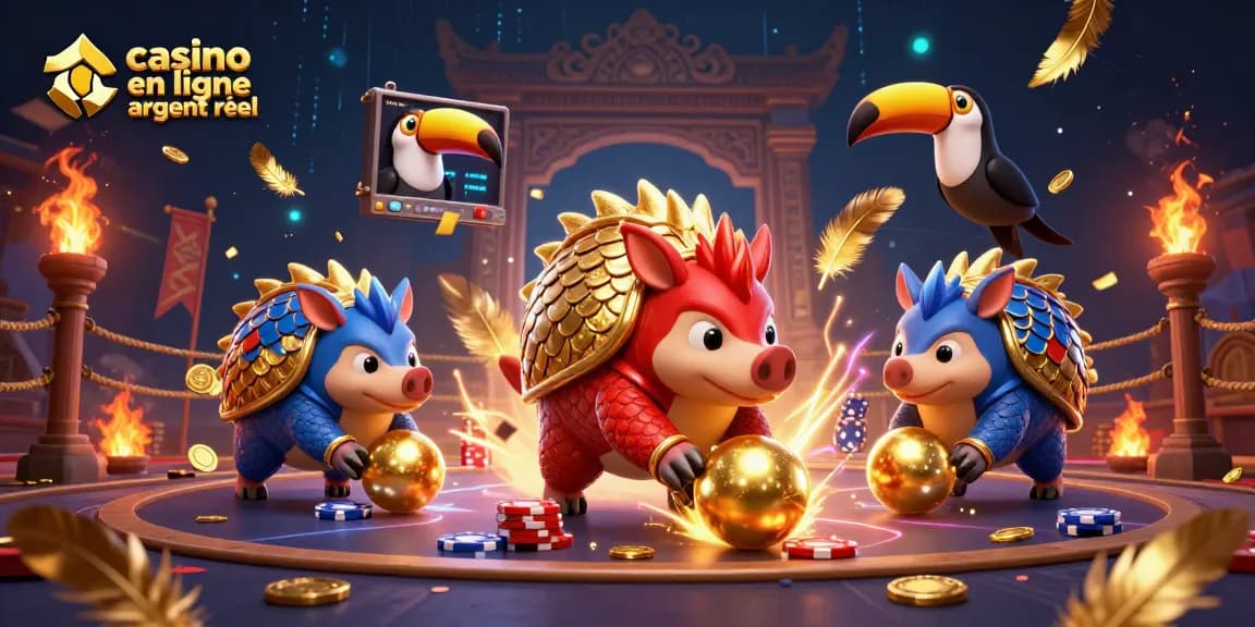 Une illustration d'un jeu de casino en ligne argent réel avec des pangolins rivaux, des jetons de poker et des décors éblouissants.