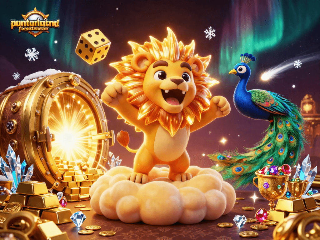 Puntorojorestaurant showcases thrilling casino excitement with a roaring sun lion, golden dice, and treasures.