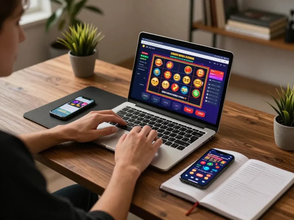 rokok88 user engaging in online casino gameplay on laptop while strategizing with notes