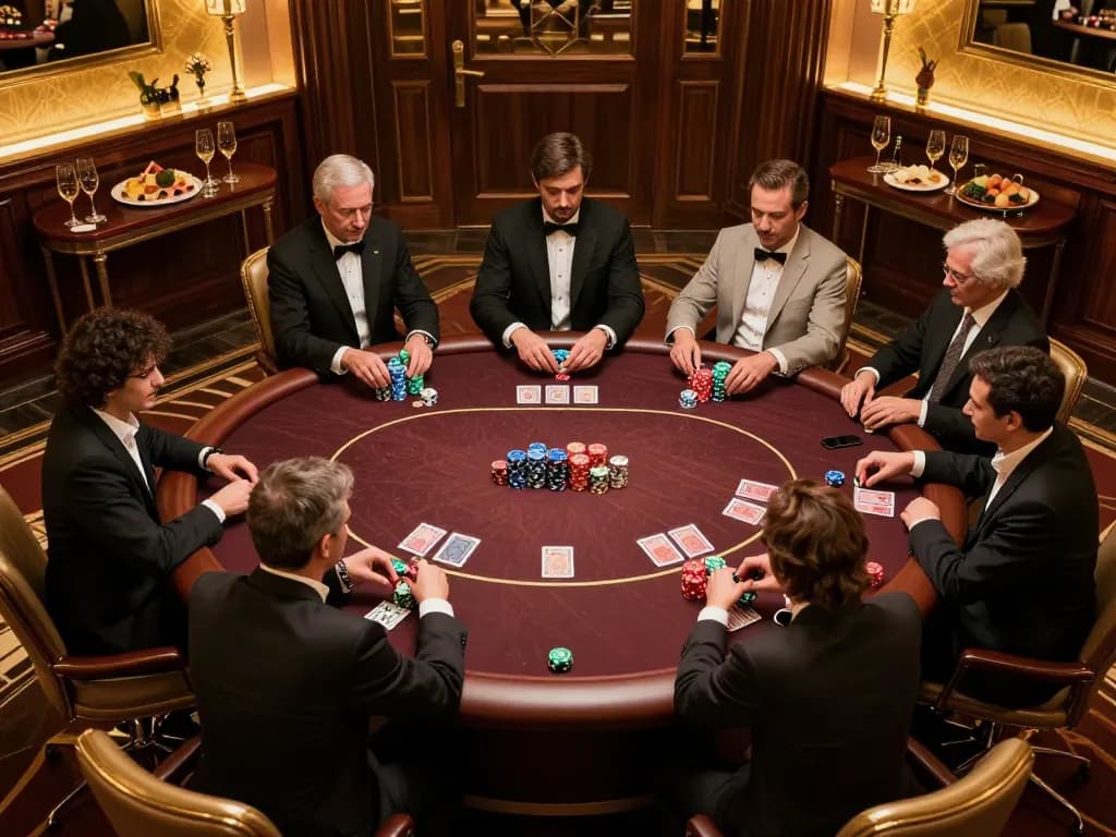 iWin players enjoying high-stakes poker game with colorful chips and strategy in upscale VIP room