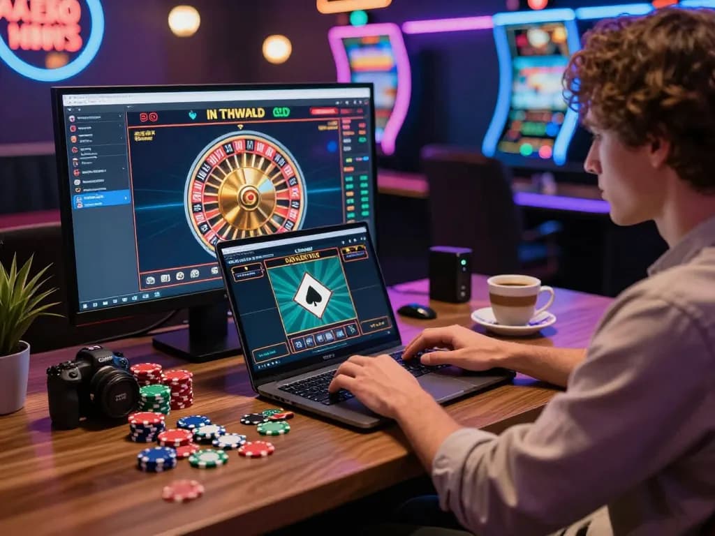 Player enjoying MM88 online casino gaming with laptop, chips, and neon lights