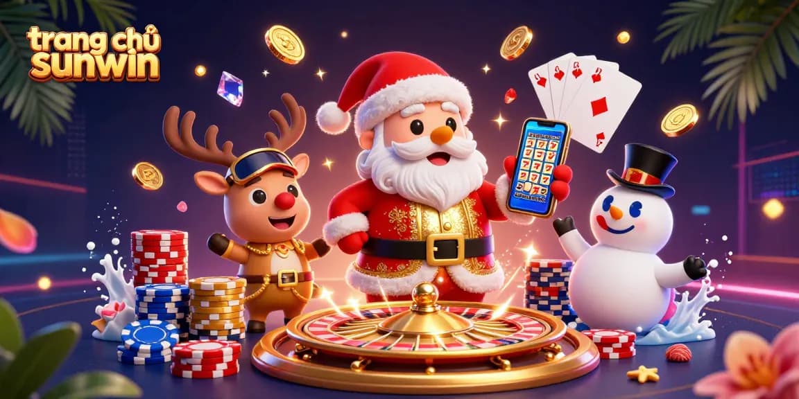 Players enjoy slots at trang chủ sunwin, featuring festive characters and vibrant casino elements.