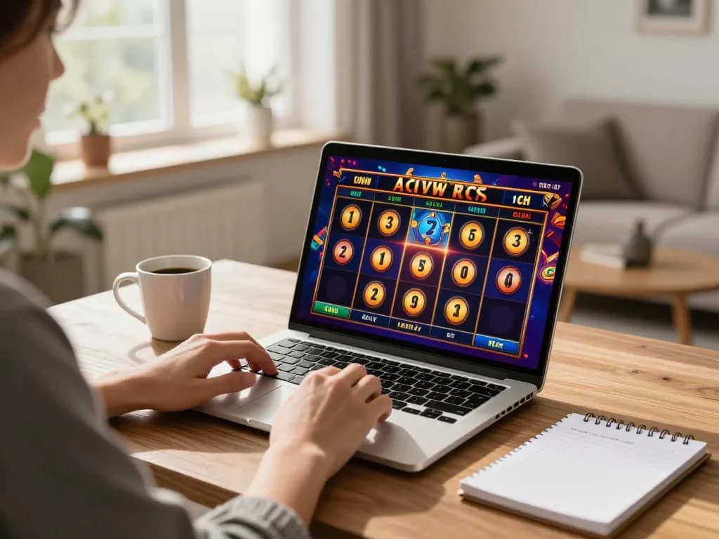 Person engaged with online slots at home using hay88x, showcasing a vibrant gaming setup.