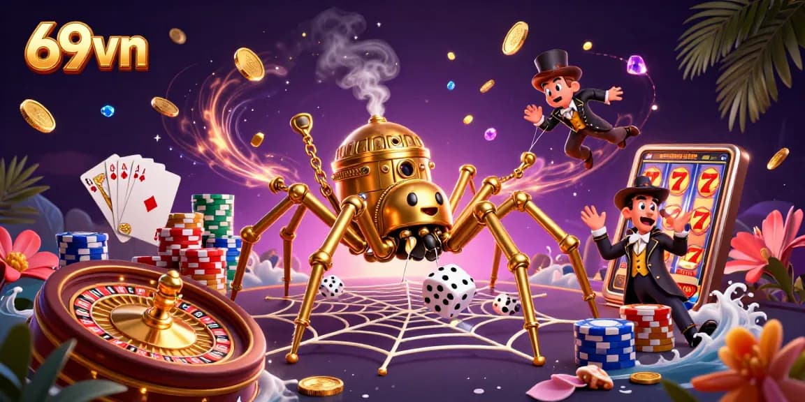 Engage with exhilarating games at 69vn featuring a steampunk theme with golden elements and vibrant casino visuals.