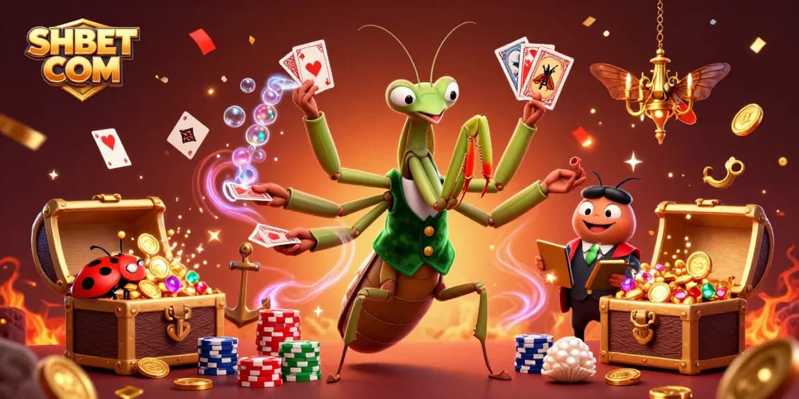 Exciting gameplay at SHBET COM featuring a 3D mantis dealer and vivid casino elements.