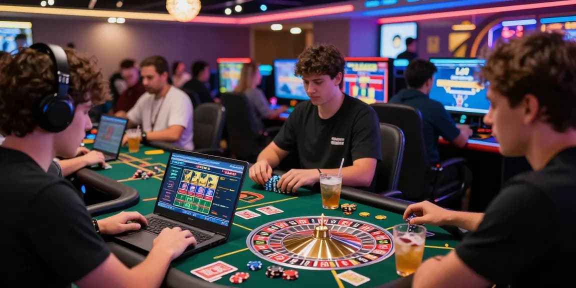 Scène animée et engageante dans un casino en ligne fiable montrant des joueurs profitant des jeux.