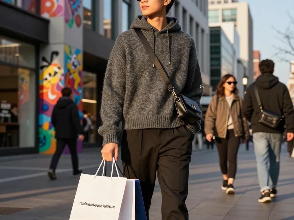 Fashionable shopping experience highlighting revelcollective.myshopify.com with trendy outfit in urban setting.