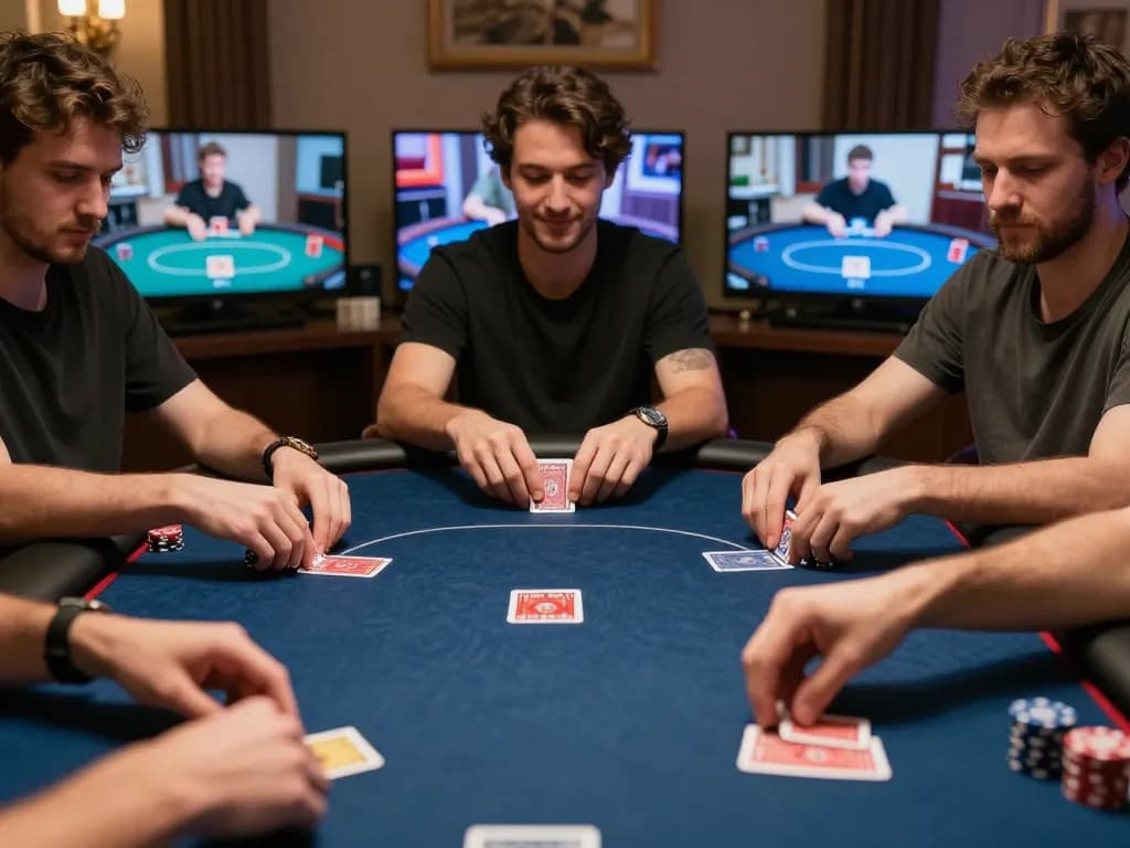 Players engaging in strategic online poker at ALO8, showcasing intense gameplay and cozy atmosphere.