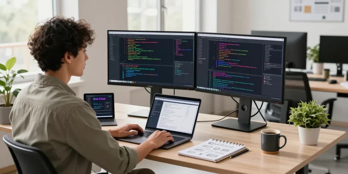 Workspace with developer coding Open Claw skills on dual monitors, inspiring productivity.
