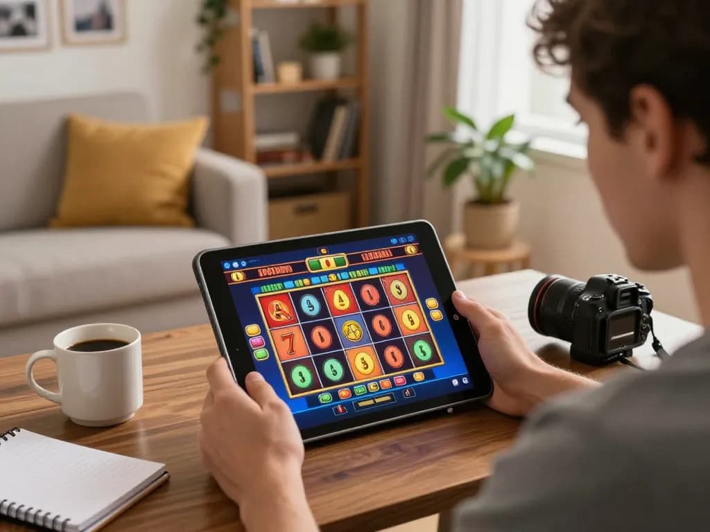 Player engaged with 78wingo casino app on tablet in a cozy living room, ready to win.