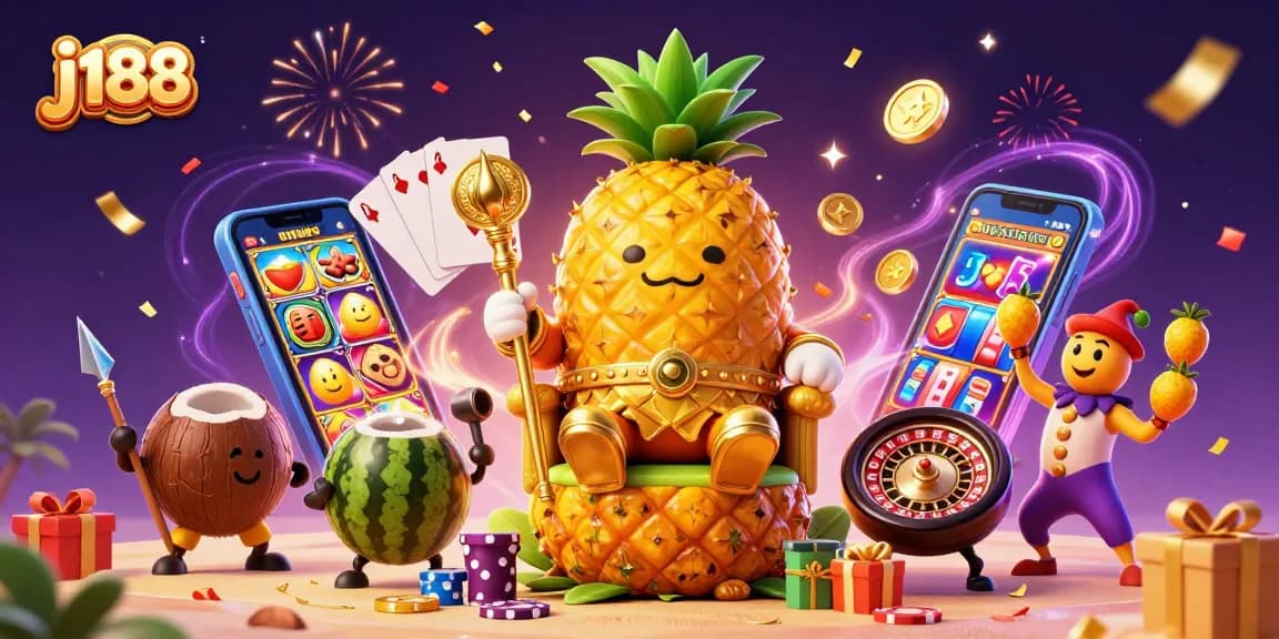 Engage with j188 as the golden pineapple king leads a lively casino scene packed with games and celebration.