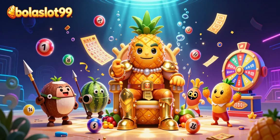 Bolaslot99 showcases a vibrant 3D casino scene with a golden pineapple king and lively elements.