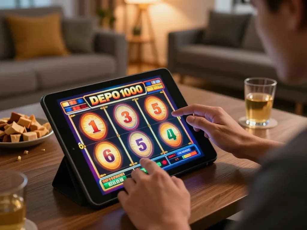 Engaging with slot depo 1000 on tablet, showcasing vibrant online gaming excitement at home.