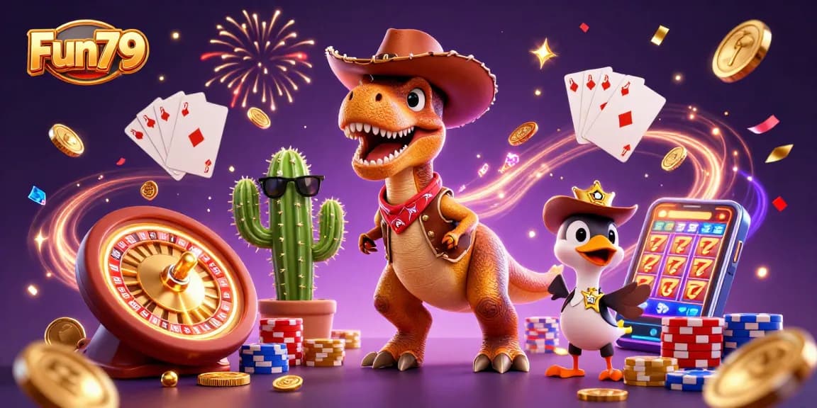 Exciting Fun79 scene featuring a cartoon dinosaur, a cactus, and a roadrunner surrounded by casino elements.
