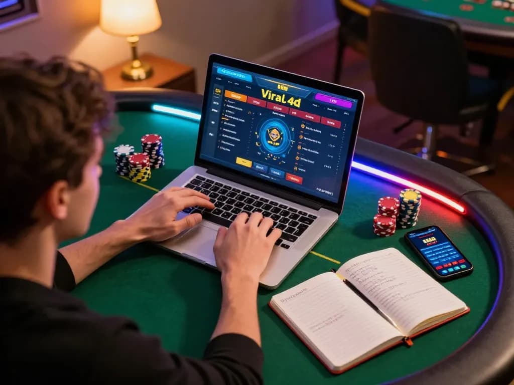 Engaging player exploring viral4d online gaming with poker chips and strategy notes in a cozy setup.