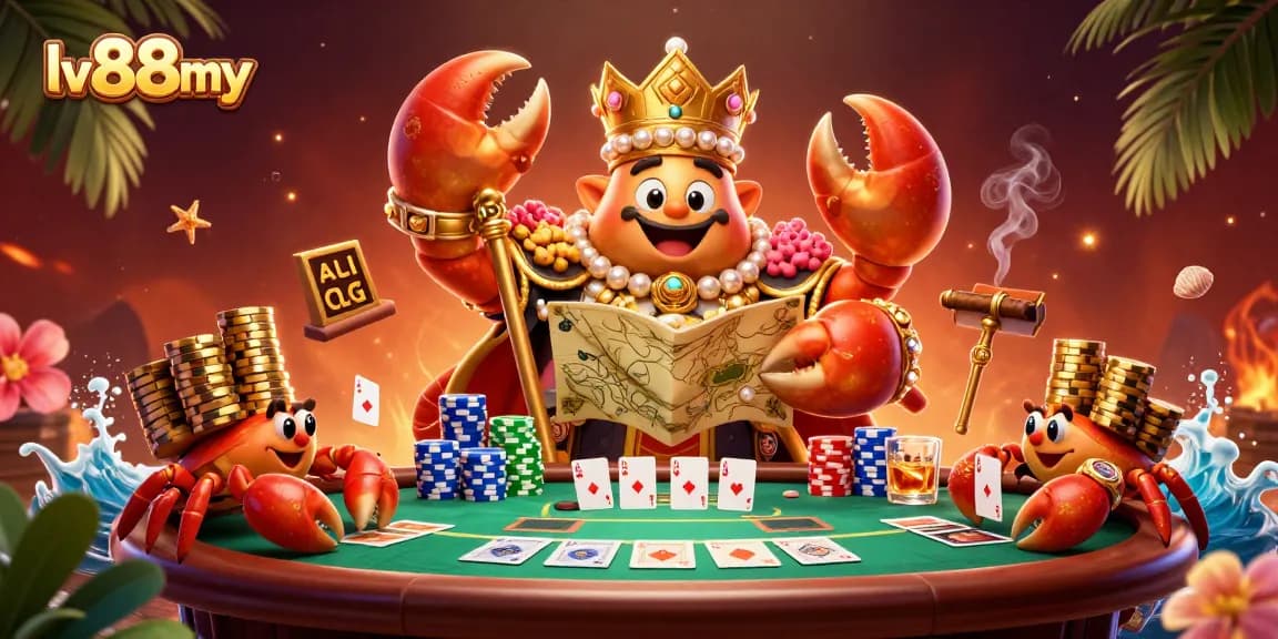 Engage in thrilling gameplay at lv88my with our golden crab emperor amid a luxurious poker scene.