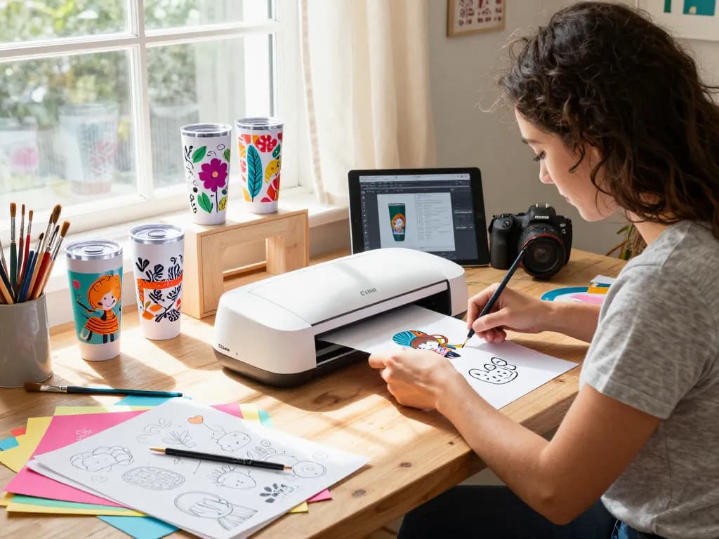 Designer cutting colorful SVG files with Cricut in a bright crafting studio.