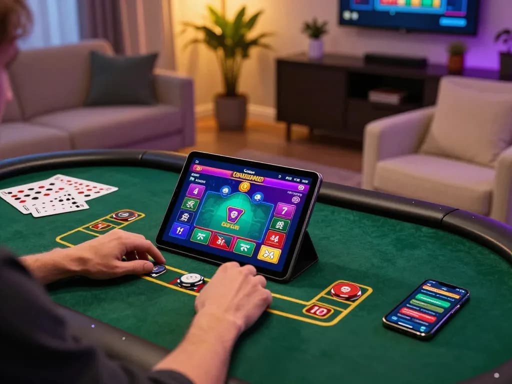 Engaging gameplay at casino go8 as a player analyzes poker cards on a tablet in a cozy home setup.