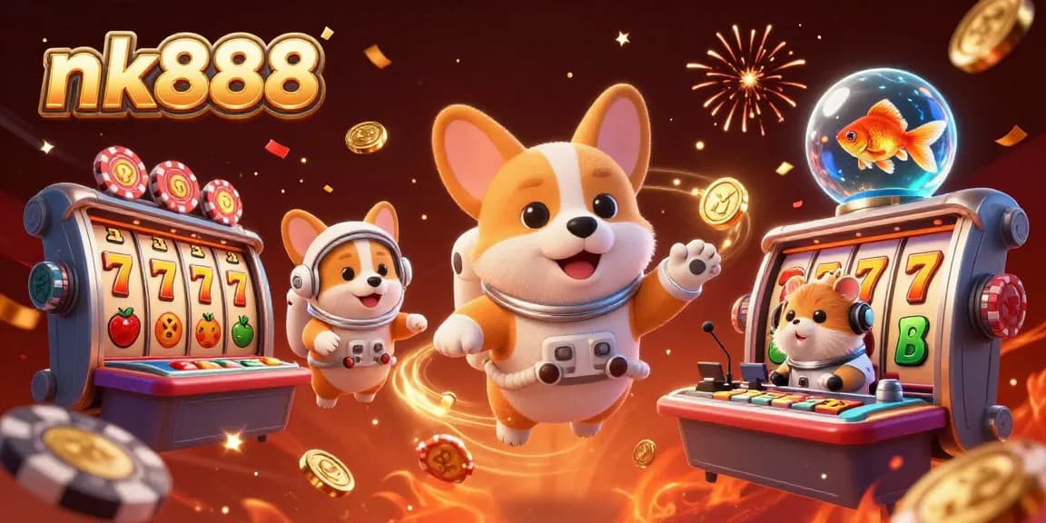 Engage with thrilling nk888 slot adventures featuring a 3D astronaut corgi and festive casino elements.