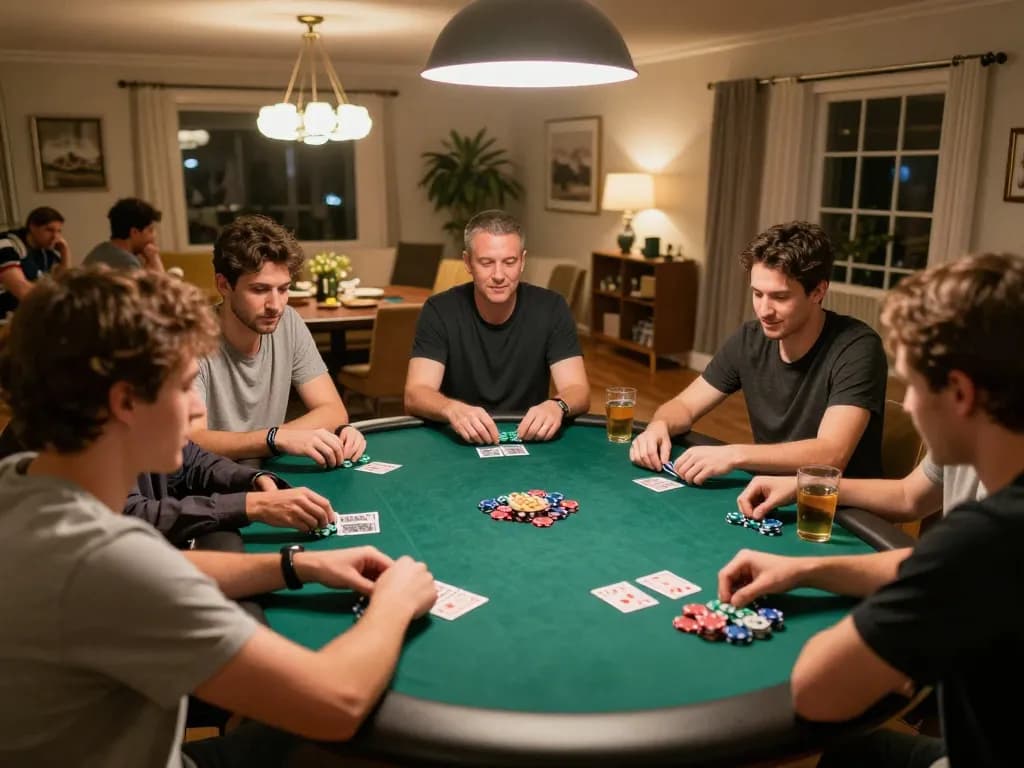 Engaged friends playing poker during a home game night, highlighting strategic gameplay at 388bet