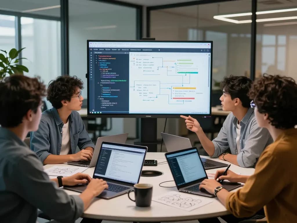 Engineers collaborating on Moltbot AI software in a tech workspace, illustrating innovative development.