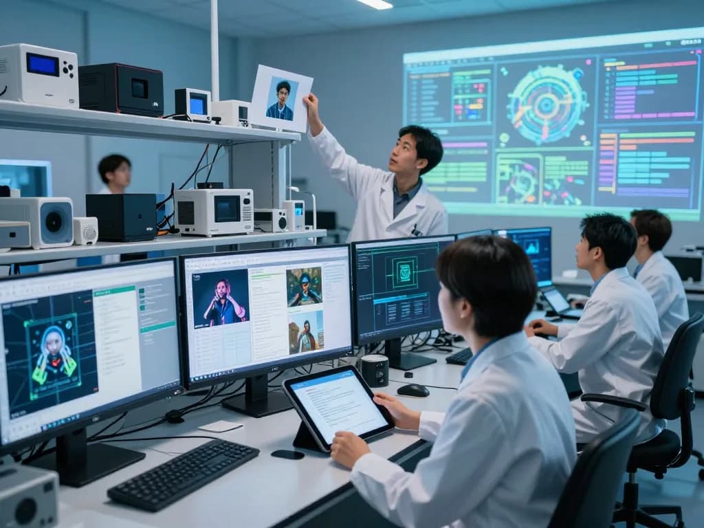 Image to prompt ai in a high-tech lab, showcasing AI prompt generation with diverse team collaboration.